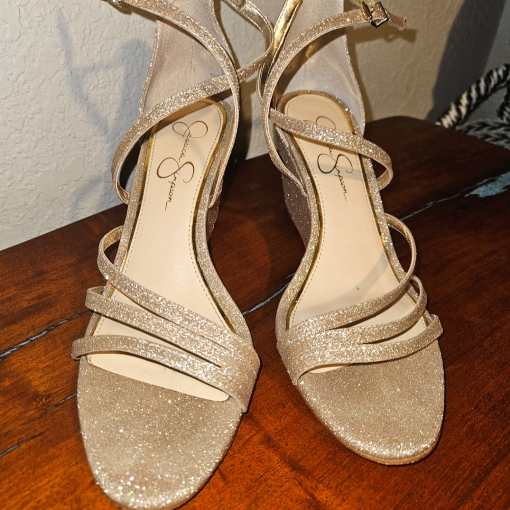 Jessica Simpson Glitter Gold Wedge Sandals Size 9.5